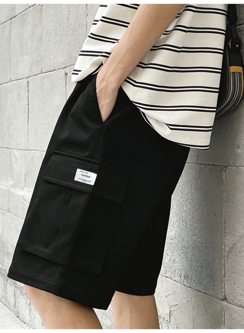 Men's Black Casual Cargo Shorts Elastic Waist Drawstring Relaxed Fit Half Pants with Pockets - Image 2